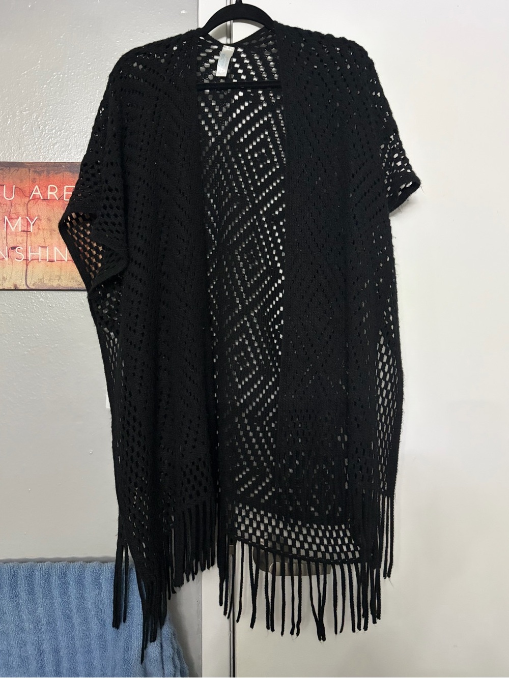 Fringed Open-Knit Black Sweater Poncho